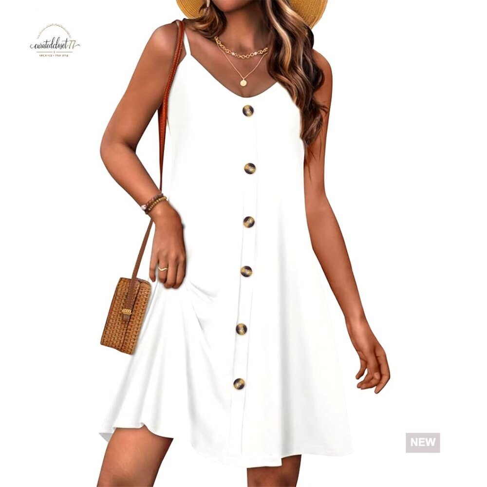 Spaghetti Strap Sundress with Pockets, Loose Fit, Knee Length, V-Neck